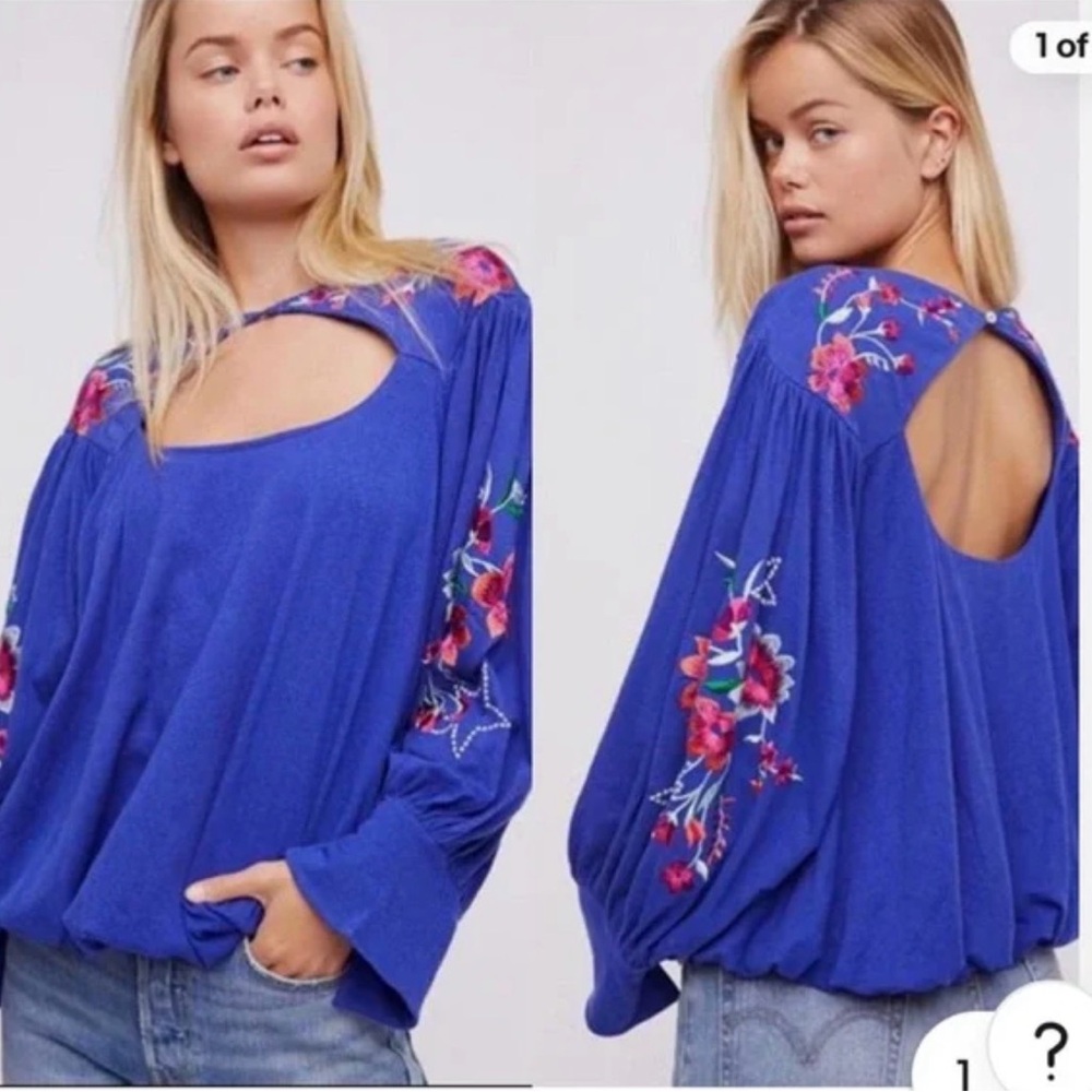NWT Free People Lita Blue Cut Out Embroidered Blouse Sz M Boho Floral